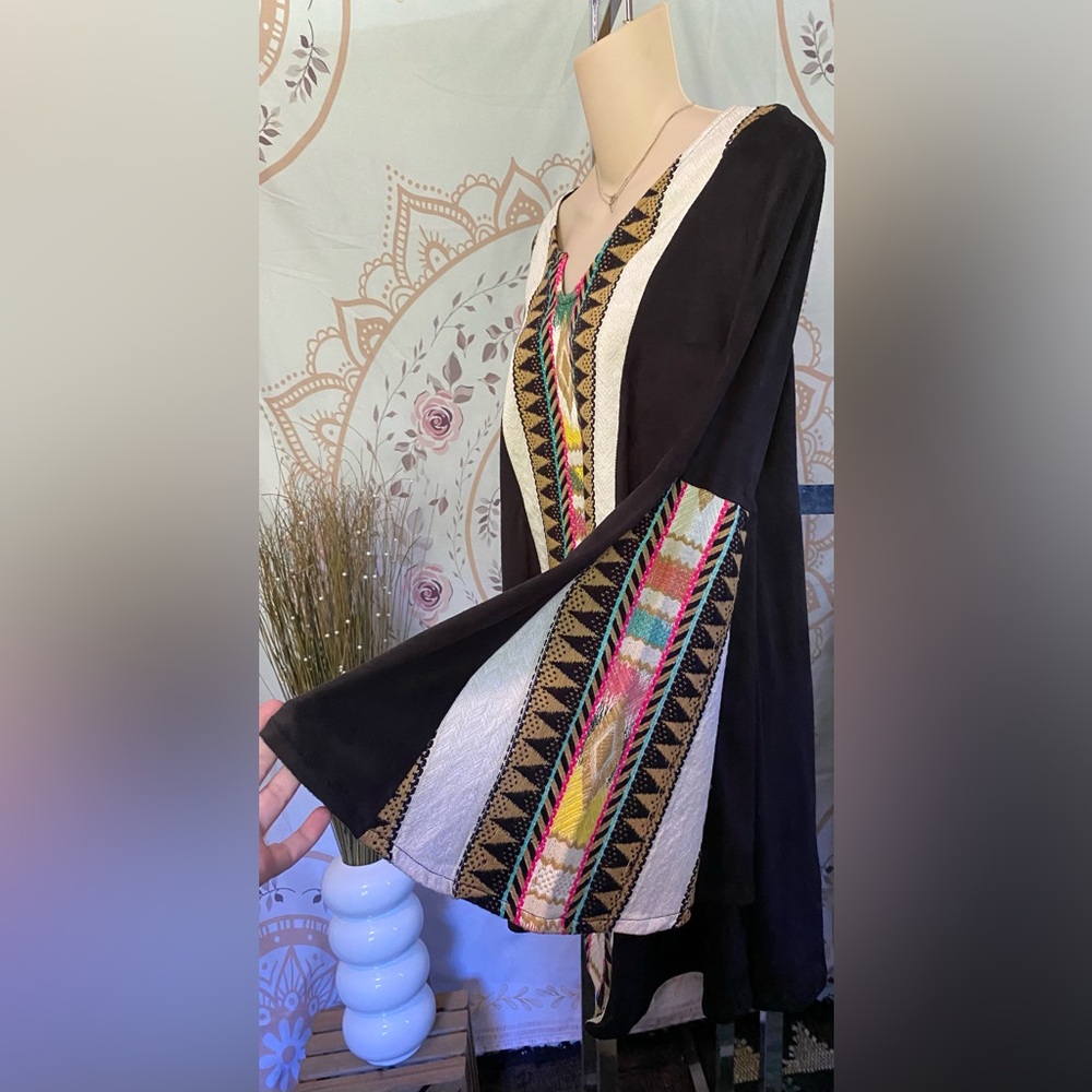 Judith March Small  faux suede Boho mini dress with 19 inch bell sleeves